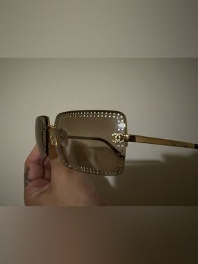 CHANEL Gold Crystal-Edged Square Sunglasses with Brown Lenses
